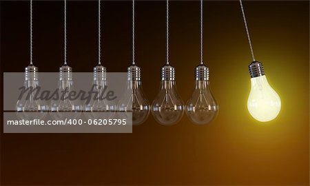 3d illustration of hanging light bulbs in perpetual motion with one glowing light bulb on orange background