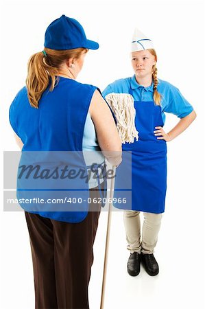 Boss handing mop to teenage worker.  Isolated on white.