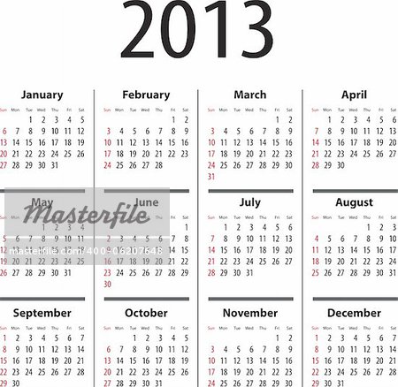 Calendar for 2013. Sundays first