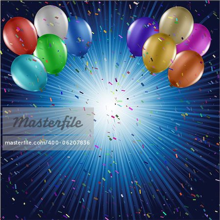 Colourful balloons and confetti on a starburst background