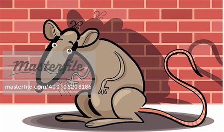 Cartoon Humorous Illustration of Rat Against Brick Wall
