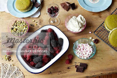 Berries, chocolate, pudding and nuts