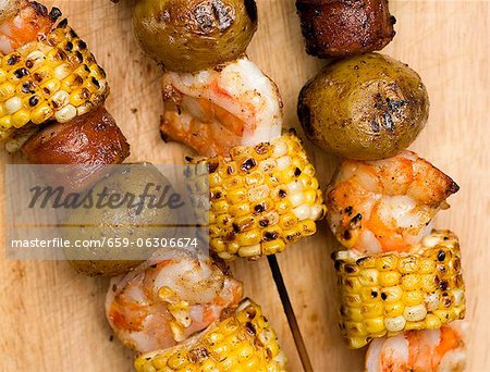 Shrimp, Corn, Sausage and Potato Kabobs