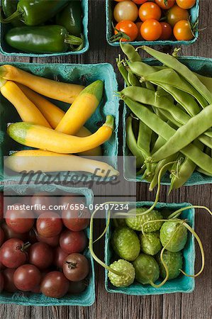 Fresh Vegetables in Green Cardboard Containers; From Above; Jalapenos, Cherry Tomatoes, Italian Broad Beans, Jamaican Burr Gherkins, Mini Summer Squash