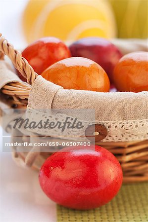 Oeufs de Pâques colorés dans un panier (détail)