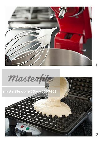 Whipped Egg Whites on Electric Mixer for Waffle Batter; Pouring Waffle Batter into a Waffle Iron