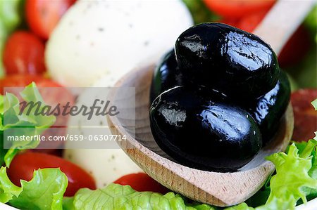 Mozzarella with tomatoes, lettuce and olives