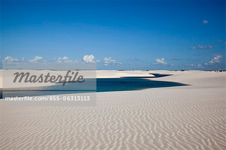 Sandy dunes near Lagoa Bonita (Beautiful Lagoon) at Parque Nacional dos Lencois Maranhenses, Brazil