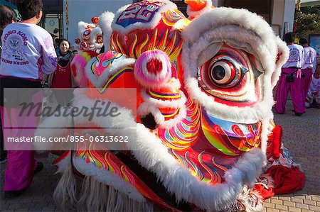 Lion dance celebrating the Chinese New Year at Ngong Ping 360 village, Lantau Island, Hong Kong