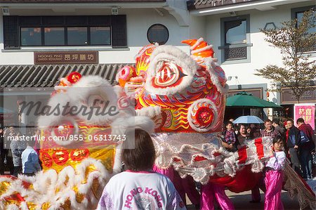 Lion dance celebrating the Chinese New Year at Ngong Ping 360 village, Lantau Island, Hong Kong