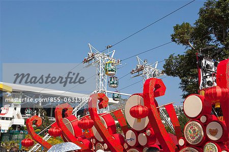 Chinese new year decorations with the cable car at background, Ocean Park, Hong Kong