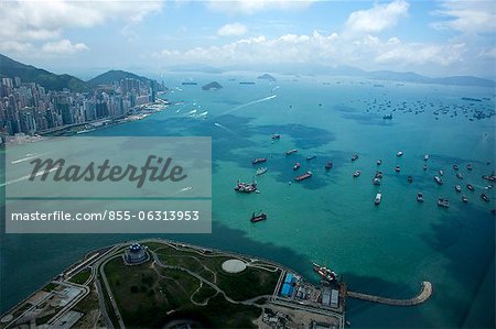 Bird's eye sweep of Hong Kong west from Sky100, 393 metres above sea level, Hong Kong