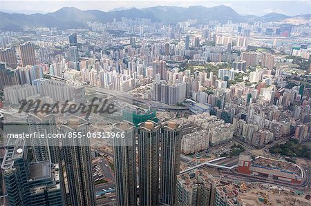 Balayage oculaire de l'oiseau du quartier de Mongkok de Sky100, 393 mètres au-dessus du niveau de la mer, Hong Kong