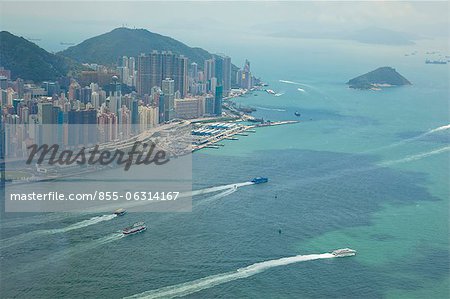 Panoramic sweep of Hong Kong West Victoria Harbour from Sky100, 393 metres above sea level, Hong Kong