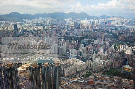 Panoramic sweep of kowloon cityscape from Sky100, 393 meters above sea level, Hong Kong