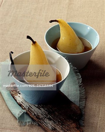 Pears poached in vanilla-flavored sweet cider