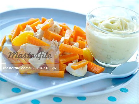 Huhn, Karotten und Aprikosen Geschnetzeltes, Pastinaken-Püree