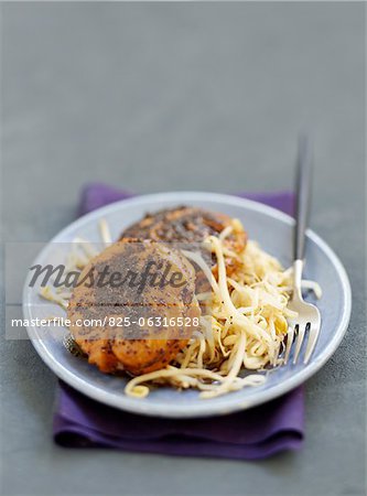 Glazed salmon noisette fillets with poppyseeds and beansprouts