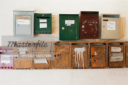 Mailboxes mounted on wall