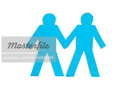 Two blue paper stick figures holding hands over white background