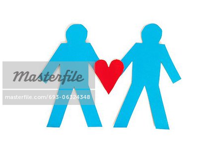 Two blue stick figures holding a red heart over white background