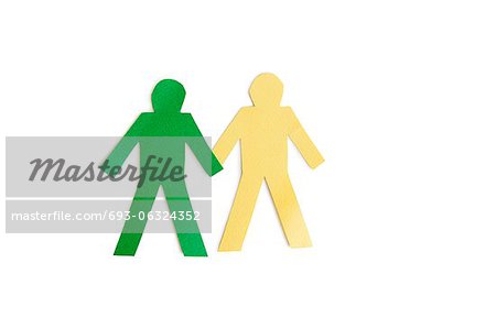 Two stick figures holding hands over white background
