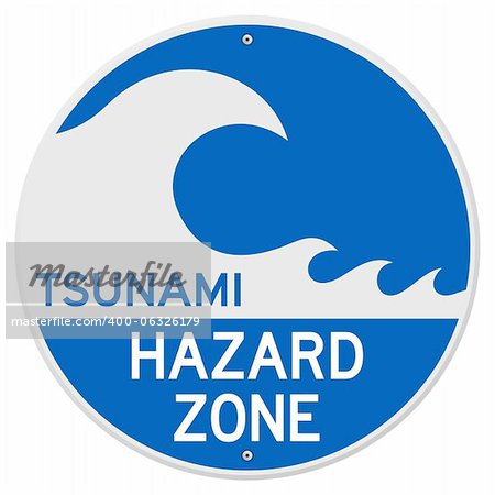 Blue Rounded Sign with Tsunami Danger Information and Wave