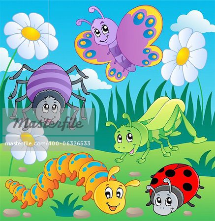 Meadow with various bugs theme 1 - vector illustration.
