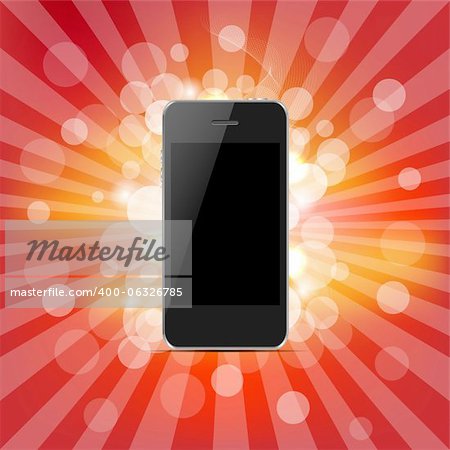 Phone And Red Sunburst, Isolated On Red Background, Vector Illustration