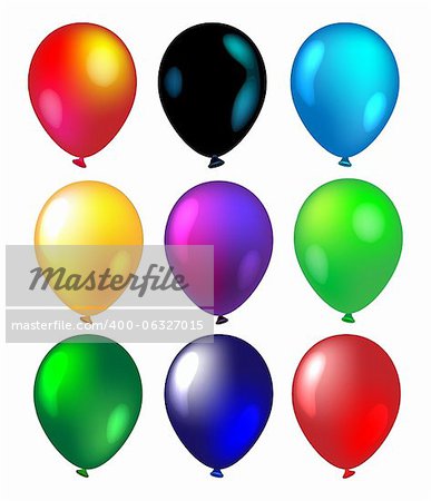 Set of 9 colorful balloons isolated on white