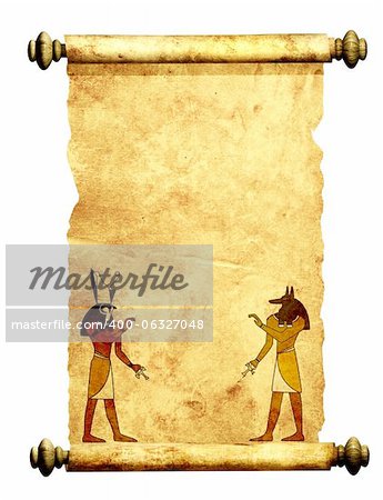 Scroll with Egyptian gods images - Anubis and Horus. Object isolated over white