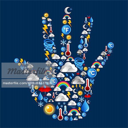 Weather icons set in hand shape over blue background. Vector file layered for easy manipulation and custom coloring.