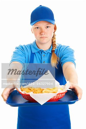 Serious teenage girl serving a fast food meal.  Isolated on white.