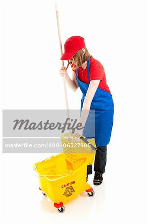 Teenage girl at work, using a mop and bucket.  Full body isolated on white.