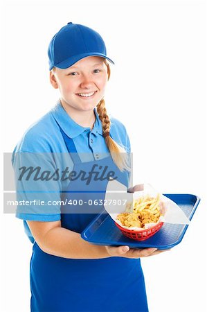 Teenage worker serving a fast food meal.  Isolated on white.