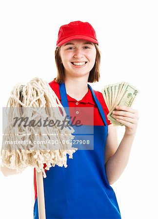 Teenage worker holding up a wad of cash.  Isolated on white.