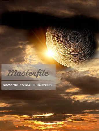 Vertical background with Maya calendar and sunset