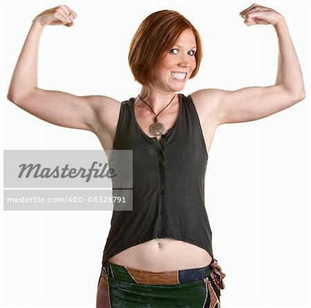 Happy woman with smile and flexing bicep muscles