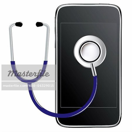 Blue Stethoscope With Mobile Phone, Isolated On White Background, Vector Illustration