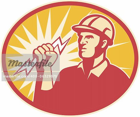 Illustration of an electrician power lineman lineworker holding lightning bolt done in retro style set inside ellipse.