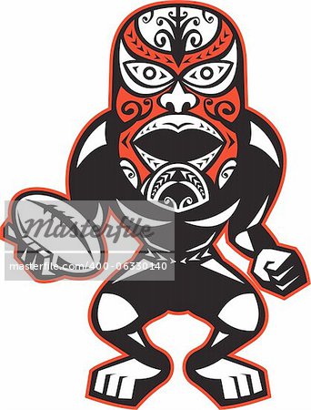 Illustration of a Maori warrior rugby player with mask standing with ball facing front on isolated white background.