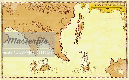 Ilustration of a treasure map showing continent and islands ship galleon and whale done in vintage style.