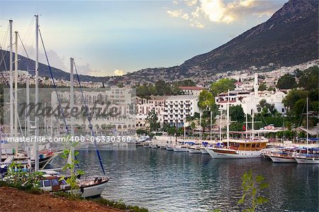 Sea port in the bay of Kalkan village in the evening