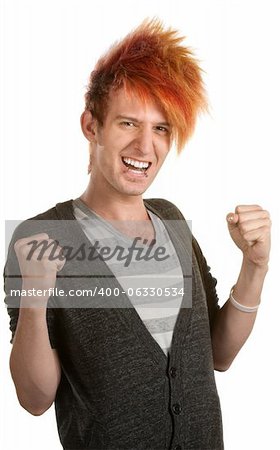 Excited teen Caucasian with orange hair holding arms up