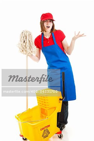 Frustrated teenage worker stand holding her mop and bucket.  Isolated on white.