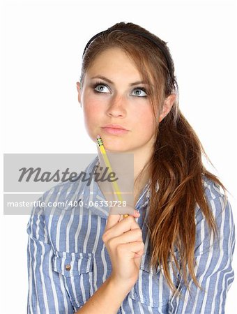 Portrait of a young woman against white background.