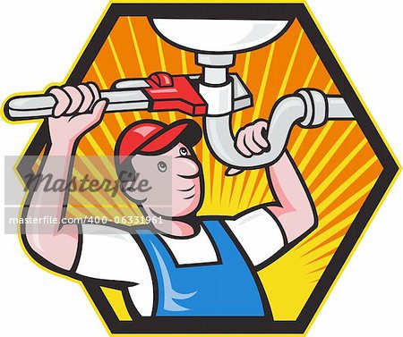 Cartoon illustration of a plumber worker repairman tradesman with adjustable monkey wrench repairing bathroom sink set inside hexagon.