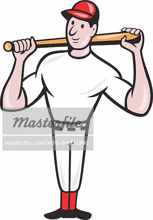 Illustration of a american baseball player batting bat on shoulder cartoon style isolated on white background.