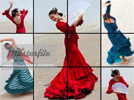 Montage of a traditional Spanish woman Flamenco dancer performing