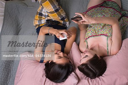 Young women lying on bed, looking at cellphones, overhead view
